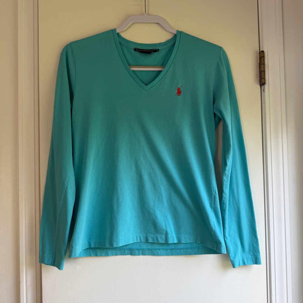 Ralph Lauren Sport Womens Turquoise Blue V-Neck Long Sleeve Cotton Tee M